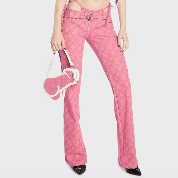 Print Monogram Denim Low Rise Lace Up Jeans with Dick Dollar Print Denim Thong